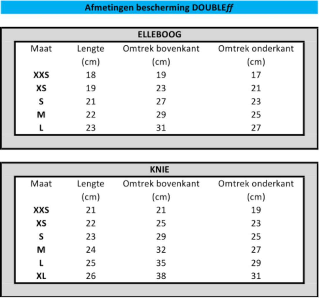 DoubleFF knee and elbow protectors size chart DoubleFF knee and elbow protectors size chart